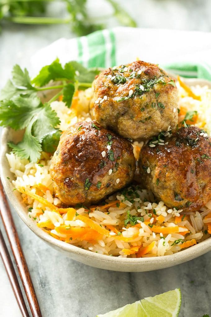 Unique Baked Asian Turkey Meatballs & Carrot Rice Recipe